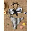 Bikini a Rayas Blancas y Negras Estilo Europeo y Americano 2026 Nuevo Sexy de Atar Transfronterizo de Dos Piezas Traje de Baño para Vacaciones en la Playa para Mujeres