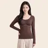 Camada Base Térmica Feminina Sem Sutiã Lyocell Franzido Copo Antideslocamento Gola Redonda Outono/Inverno Camada Interna Top