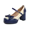 Elegantes Zapatos Mary Jane con Ribete de Encaje y Moño Bloqueado por Color, Boca Baja, Tacones Gruesos Altos, Tallas 32-48, Zapatos de Exportación