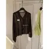 Té Verde Limón Principios de Otoño Estilo Coreano Estilo Suave Lunares Reductor de Edad Volantes Atado Cuello en V Manga Larga Camisa Ropa de Mujer 11137