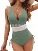 Aliexpress Amazon Popular Transfronterizo Europeo y Americano Multicolores Cuello en V Cubre Piel Tiras Plisadas Aspecto Adelgazante Traje de Baño de Una Pieza para Mujer