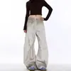 Jeans Scimitar Lavado Branco Pesado Retro Americano Tingimento Sujo Desconstruído Calças de Perna Larga Soltas Masculinas e Femininas Nova Tendência
