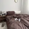 Conjunto de cuatro piezas de algodón puro tejido a rayas de café estilo blogger de Instagram, sábanas, fundas de edredón, ropa de cama de algodón lavado