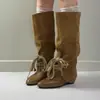 Encontro Primeira Vez Temporada 2026 Outono/Inverno Emagrecedor Panturrilha Larga Acima do Joelho Franzidos Botas Femininas Estilo Wasteland Moda Cadarço Salto Baixo Botas Longas