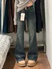 Jeans Americanos de Tiro Bajo Elásticos Micro-Acampanados 2026 Primavera Azul-Gris Diseño de Doble Botonadura Pantalones Micro-Acampanados de Largo hasta el Suelo