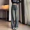 Jeans Rectos Gris Cemento para Mujer, Otoño e Invierno, Favorecedores de la Figura, Diseño Vintage, Estilo Americano, Tiro Alto, Bolsillos, Pantalones de Pierna Ancha Estrecha