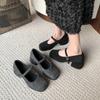 Zapatos de Tacón Grueso de Tacón Alto para Mujer 2025 Grises French Mary Jane Zapatos Estilo Nuevo Chanel Tacón Cuadrado de Lana Lana Comodín