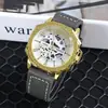Reloj de Pulsera para Hombre Dorado Esfera Grande Mecánico Esqueleto Tendencia de Moda Correa de Cuero Cuarzo Gama Alta Negocios Venta al por Mayor