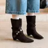 Botines vintage de cuero esmerilado con hebilla para comercio transfronterizo, otoño e invierno, punta cuadrada, aumento interno de altura, cuero genuino, botas slip-on de moda adelgazantes para mujer