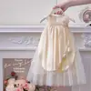 Vestido para Meninas 2025 Novo Verão Elegante Gola Halter Vestido Princesa Vestido de Renda Vestido Regata