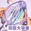 Estojo Sanrio coolomi grande capacidade camada dupla rede transparente bolsa para lápis fofa simples caixa de papelaria bolsa de armazenamento