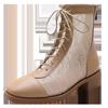 Novos Sapatos Femininos 2025 Verão Spliced Renda Malha Baixo Cano Botas Martin Salto Grosso Sola Grossa Bico Quadrado Malha Respirável Sandálias