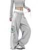 Calça de Moletom Cool Estilo Americano para Mulheres com Cintura de Retalhos, Cordão, Perna Reta, Perna Larga, Esportes, Dança, Calças Longas Casuais