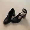 Versión de piel de oveja~Zapatos Mary Jane de tacón alto con tira en T retro punta redonda tacón grueso zapatos pequeños de cuero zapatos de vestir de temperamento para mujer
