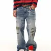 Jeans vintage desgastados y parcheados para hombre, pantalones rectos ligeramente cónicos, de corte holgado, moda urbana americana hip-hop