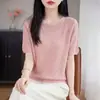 Blusa de Tricô Elegante Minimalista Estilo Francês com Recortes de Manga Curta para Mulheres, Camiseta Fina de Verão com Gola Redonda Emagrecedora, Versátil para o Dia a Dia