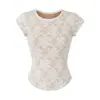 Camiseta de Encaje con Cuello Redondo de Manga Corta Estilo Puro Deseo Verano Nueva Elegante Versátil Ajuste Ceñido Dobladillo Corto Curvo Camiseta Base