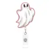 Porta-credencial acrílico retráctil con borde rosa y diseño floral de fantasma para Halloween, enfermera, identificación, transfronterizo