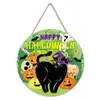 Bestseller transfronterizo letrero redondo de madera de Halloween para puerta con calavera, gato negro, calabaza y patrones de tumba, decoración colgante de puerta para crear ambiente