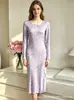 2026 Nuevo Vestido de Casa de Manga Larga para Dormir para Mujer, Cuello Redondo, Manga Corta, Abertura en Forma de Corazón, Vestido de Longitud Media 5094