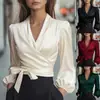 Nuevo Top de Satén con Cuello en V, Cintura de Corbata, Temperamento, para Mujer, Sitio Independiente de Amazon Europeo y Americano