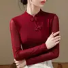 2026 Nuevo Modelo Nuevo Estilo Chino Botones Cuello Alto Base de Malla Camisa Interior, Estilo Tradicional Cuello Diagonal Ajustado Manga Larga Top Interior para Mujer