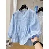 Top feminino azul novo, estilo estrangeiro chique, com mangas de sete quartos, gola redonda e mangas bufantes, para o verão, tea-in-tea único, de alta qualidade