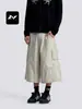 Calças de Trabalho Fengmei Retrô Americano de Três Quartos para Homens e Mulheres Soltas Estilo de Rua Versátil Desconstruído Patchwork Casual Shorts