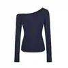 Camiseta de Manga Larga Ajustada de Color Sólido de Otoño para Mujer, Camiseta Básica de Alta Gama High Street con Personalidad Ins Americana de Chica Picante de Un Solo Hombro