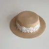 Sombrero de Paja de Rafia Tejido de Gama Alta de Copa Plana para Mujer, Nuevo Estilo Sombrilla Estilo Vacaciones Empalme de Encaje Sombrero de Playa Estilo Francés Costero