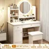 Mesa de maquiagem para uso doméstico no quarto com espelho iluminado e armário de armazenamento, design simples integrado, penteadeira e cadeira modernas de grande capacidade