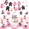 Faixa de festa transfronteiriça temática de Halloween rosa, estilo fofo e engraçado, guirlanda de aniversário, decorações penduradas em espiral, toppers de bolo