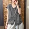 Top de camisa sem mangas estilo colete de algodão e linho multicolorido, novo cardigã versátil de verão com caimento solto e design de bolso para mulheres
