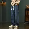Jeans Retro Americano com Cordão Masculino Primavera Outono Calças Largas Retas de Perna Larga Lavadas com Caimento Emagrecedoras Comprimento Total Tendência