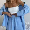Enviado Ahora: Traje de Cáñamo Amazon para Mujer, Estilo Perezoso Camisa Holgada + Shorts de Cintura Alta Adelgazantes Conjunto de Dos Piezas