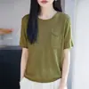 Tricô Feminino Simples com Gola Redonda e Bolso Macio Respirável Solto Valorizador Versátil para o Dia a Dia Top Básico