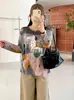 Top de malla para mujer talla grande con cuello redondo y estampado de poni, otoño 2026, estilo pintura al óleo, cubierta protectora solar para mujeres talla grande