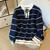 Suéter de punto de lana a rayas para mujer, jersey con bloques de color, corbata y cuello semiabierto, estilo otoño e invierno, top suéter de color contrastante