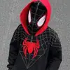 Nuevo cárdigan con capucha de estilo callejero transfronterizo, diseño de doble capa con patrón de araña en contraste negro y rojo y cremallera