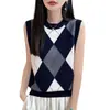 Colete Tricô Feminino 100% Lã 2026 Outono/Inverno Novo Gola Redonda Sem Mangas Padrão Diamante Color Block Caimento Solto