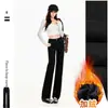 Jeans feminino transfronteiriço, estilo slim reto, forrado com fleece e espessado, estilo casual americano, calça longa preta, comprimento estendido preto