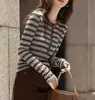 Camiseta de Manga Larga con Rayas en Contraste para Mujer 2025 Principios de Otoño Nuevo Estilo Coreano Cuello Redondo Retro Perezoso Casual Top de Moda