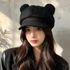 Nova boina fofa com orelhas de gato da moda para outono e inverno, boina de pato retrô britânica de lã, boina de artista da moda de cor sólida