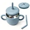 Taza de acero inoxidable con pajita de silicona para niños, taza multifuncional para beber directamente con pajita y doble asa, taza de aprendizaje de estilo creativo