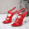 Zapatos de Tacón Alto de Moda Transfronteriza del Sudeste Asiático Stiletto de Cristal Zapatos Romanos Modelo Sexy con Cordones Talla Grande Zapatos de Moda de Celebridad de Internet