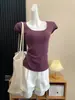 Camiseta de Punto Acanalado Estilo Francés Puro Deseo para Mujer, Top de Verano con Cuello en U Ajustado de Manga Corta con Mangas Volantes, Top Elegante Adelgazante Estilo Ins