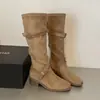 Botas Retro Maillard de Tacón Grueso Botas Largas para Mujer Otoño 2026 Nuevas para Personas Bajas Alargadoras Adelgazantes Botas Largas de Jinete