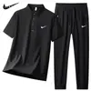 Camisa Polo Deportiva de Seda de Hielo para Hombre Traje de Verano Delgado Transpirable de Secado Rápido Manga Corta Pantalones Casuales Traje de Dos Piezas para Hombre