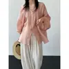 Camisa de Linho Lu Xi para Verão com Proteção Solar Feminina Cardigã de Manga Bufante com Amarração Camisa Solta de Liocel Feminina 7139