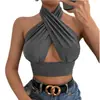 Colete Feminino de Verão Sexy Cor Sólida Gola Cruzada Sem Mangas Costas Abertas Top Feminino para Festa Slim